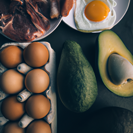 תמונה של מגוון מזונות קטוגניים בריאים כמו ביצים, אבוקדו ובשר רזה
