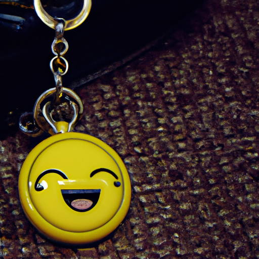 תקריב של מחזיק מפתחות עם פרצוף סמיילי צהוב בוהק עליו.