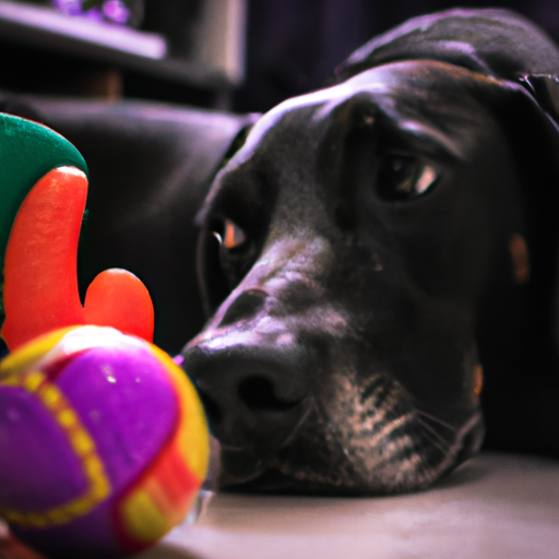 תמונה של כלב מסתכל על צעצוע בצבעים עזים.