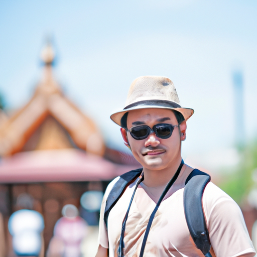 מטייל בתאילנד חובש כובע ומשקפי שמש, נראה נוח במזג האוויר החם